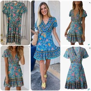 Bohemian Floral Print Dress, Turquoise, Small